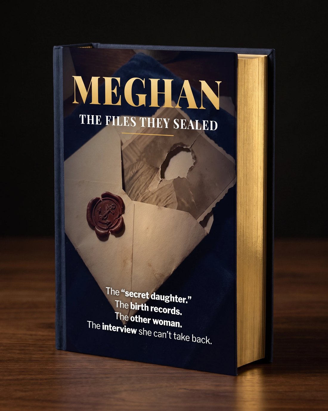 The hardcover book Meghan: The Files They Sealed, with gold page edges